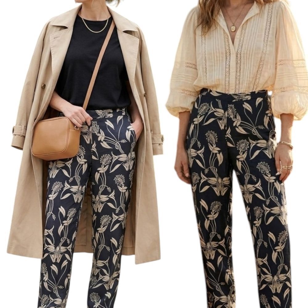 Nygard Collection Black Floral Silk Pants Small